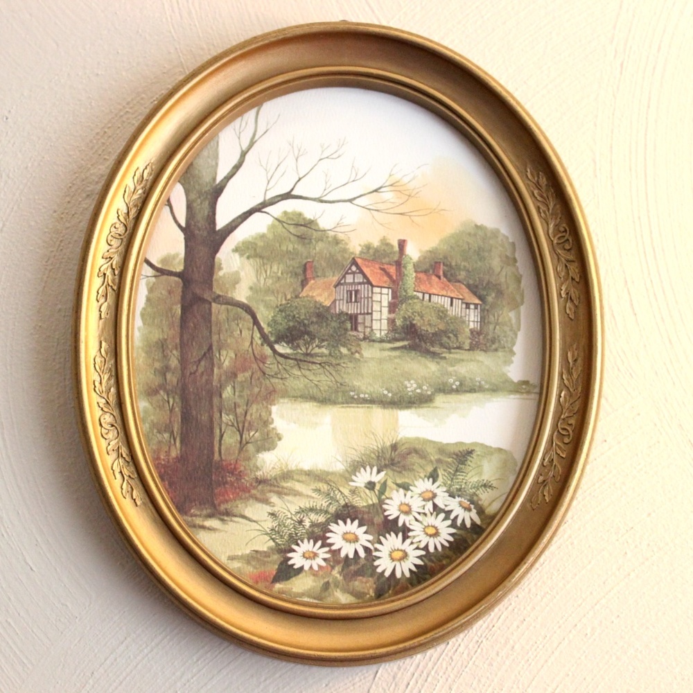 Vintage English Tudor Countryside Oval Frame Print